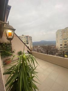 un balcón con luz de la calle y una planta en Мезонет “Djanina”, en Sandanski