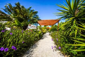 a path through a garden with purple flowers at Parque don Jose apartment in Costa Del Silencio