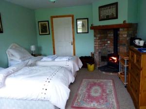 two beds in a bedroom with a fireplace and a room at Fermanagh lakeside Self Catering in Corranny