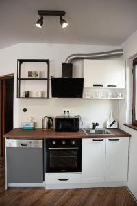 a kitchen with white cabinets and a black oven at Studio Panagyurishte in Panagyurishte