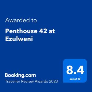 Сертифікат, нагорода, вивіска або інший документ, виставлений в Penthouse 42 at Ezulweni