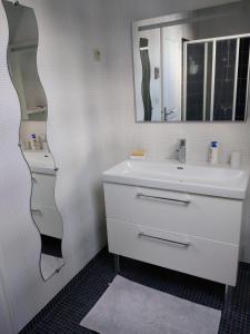 uma casa de banho com um lavatório e um espelho em Chez Bernard et Nicole em Betton