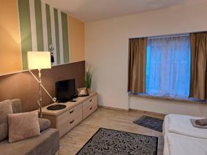a living room with a couch and a tv in a room at Luna Apartman in Eger