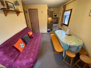 een woonkamer met een paarse bank en een tafel bij Studio Abondance, 1 pièce, 4 personnes - FR-1-692-55 in Abondance
