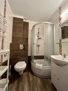 ein Bad mit einer Dusche, einem WC und einem Waschbecken in der Unterkunft Ośrodek Wczasowy Camping Morski in Ustka