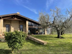 uma casa com uma árvore em frente em Villa Vacasio Bio-Eco em Pitigliano