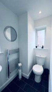 a bathroom with a toilet and a window and a mirror at Contemporary studio apartment in Pemberton