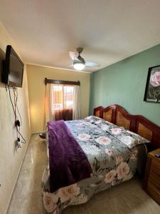 een slaapkamer met een bed en een plafondventilator bij Departamento en Tequila María Concepción in Tequila