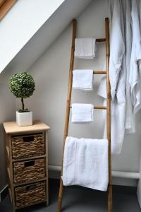 a bathroom with a towel rack and a towel at Cœur des chevaux in Deauville +9 photos