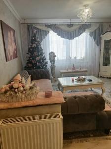 a living room with a christmas tree and a couch at Ubytovanie Tri sestry in Hrabušice