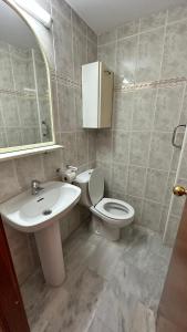 a bathroom with a sink and a toilet and a mirror at Esperanto 17. in Benidorm