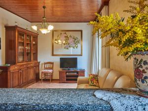 ein Wohnzimmer mit einem TV und einer Vase aus Blumen in der Unterkunft Holiday Home Casa Rosy by Interhome in Porlezza