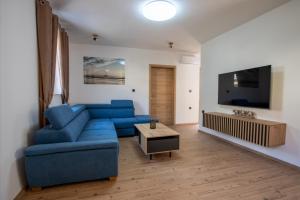 a living room with a blue couch and a tv at Landena Apartments Lendava in Lendava