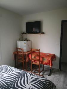 Zimmer mit einem Tisch, 2 Stühlen und einem TV in der Unterkunft Brigitte Carbonnel in Aydat