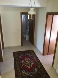 corridoio con tappeto e bagno con servizi igienici di Eva's cottage Kastelli Pediados a Kardhoulianós