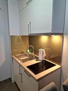 uma cozinha com armários brancos, um lavatório e um fogão em Apartments and Rooms Ski em Vlasic