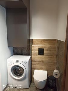 ein kleines Badezimmer mit Waschmaschine und Toilette in der Unterkunft Apartament Zuza w Wiśle in Wisła