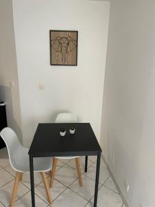 イスーダンにあるCharmant Studio l'Arnon à Issoudunの黒いテーブルと椅子2脚