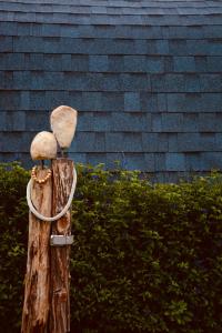 um poste de madeira com dois cogumelos em cima em Glamping Cabañas Sharmont em Guarne