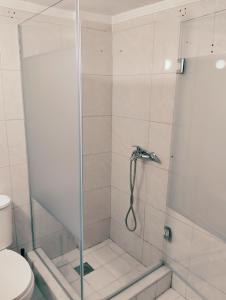 een badkamer met een douche en een glazen deur bij Marios IsimeriaHomz in Thessaloniki