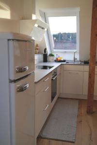 a kitchen with a refrigerator and a sink and a window at Helles modernes City-Loft in Freudenstadt +6 photos