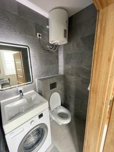 a small bathroom with a toilet and a sink at Airport Apartment 32 self check-In Free Parking in Vilnius