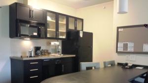 格林維爾的住宿－Candlewood Suites Greenville NC, an IHG Hotel，厨房配有黑色橱柜和黑色冰箱。
