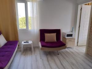 a living room with a purple chair and a couch at Karina Butik Apart in Didim