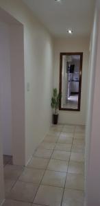 a hallway with a mirror and a potted plant at Casa calida y acogedora, Capital Mendoza in La Cieneguita