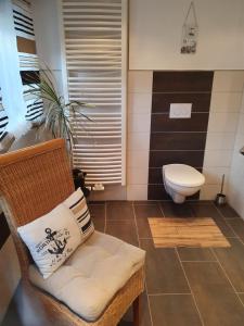 a bathroom with a toilet and a chair with a pillow at Ferienwohnung Langdorf in Langdorf im Landkreis Regen