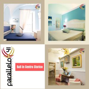 a collage of four pictures of a room at Relais Parallelo 41 in Vieste