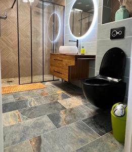 une salle de bain avec une douche, des toilettes et un lavabo dans l'établissement TI PARADI VUE MER, à Saint-François
