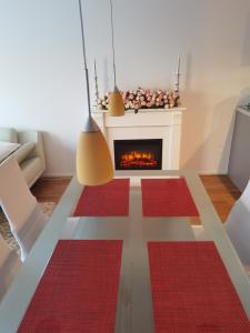 a living room with a fireplace and a red rug at Modernes Studio-Apartment nahe Zentrum mit Garagenplatz in Vienna