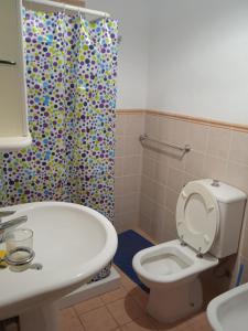 uma casa de banho com um WC e uma cortina de chuveiro em Siracusa maggie em Canicattini Bagni