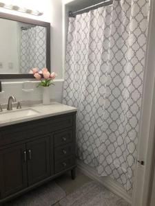 een badkamer met een douche, een wastafel en een spiegel bij Private Rooms in TownHouse w Shared Baths Qn Bed 1-3ppl in Unionport