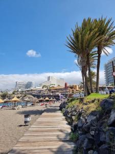 une promenade sur une plage bordée de palmiers et de bâtiments dans l'établissement Apartament in Costa Adeje Playa de las Americas CasaNico, à Playa de las Americas