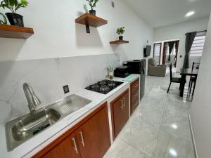 a kitchen with a sink and a stove at Casa Madera - Departamento 2 in Tequila +19 photos