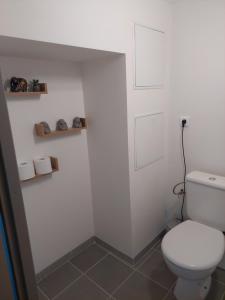 a bathroom with a white toilet in a room at Logement tout confort 6 personnes 