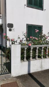 uma varanda com flores cor-de-rosa num edifício em Silvia's House em Ponta Delgada