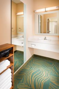 SpringHill Suites by Marriott Bentonville في بنتونفيل: حمام مع حوض ومرآة