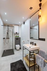 a bathroom with a shower and a sink at Apartament Abra 2 Rynek 8 in Muszyna