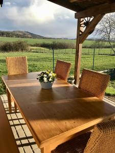 una mesa de madera con sillas y un jarrón de flores. en Chaloupka Stanětice, 