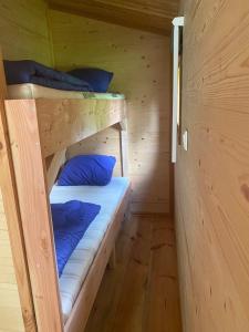Wateren的住宿－Blokhut 4-persoons De Blauwe Lantaarn，小木屋设有两张双层床,配有蓝色枕头
