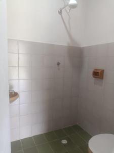 a bathroom with a shower with a toilet and a sink at Pousada Ecológica Cavalo de Pedra in Peruíbe