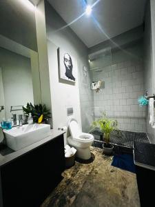 een badkamer met een wit toilet en een wastafel bij Hallmark Apartment Urban City Stay in Johannesburg