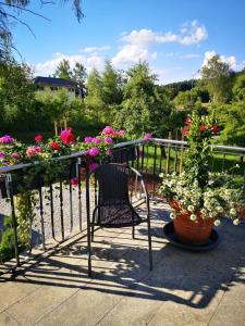 una silla sentada en un balcón con flores en Idyllisch gelegene Ferienwohnung im Herzen des bayerischen Waldes, en Zachenberg