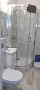 a bathroom with a shower and a toilet and a sink at UniBal - pokoje gościnne in Unieście +63 photos