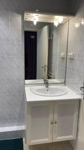 łazienka z białą umywalką i lustrem w obiekcie Appartement proche des Thermes w mieście Balaruc-les-Bains +6 zdjęć