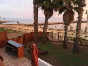 a patio with a hammock and palm trees and a beach at Playa Plateada in Ensenada