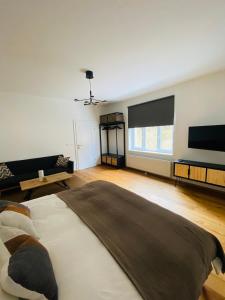 a bedroom with a large bed and a flat screen tv at Apartment Traumblick Berggipfel in Vordernberg